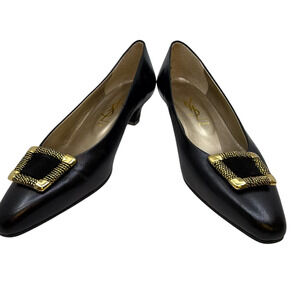 Yves Saint Laurent Buckle Kitten Heel Black Leather 36 Pump